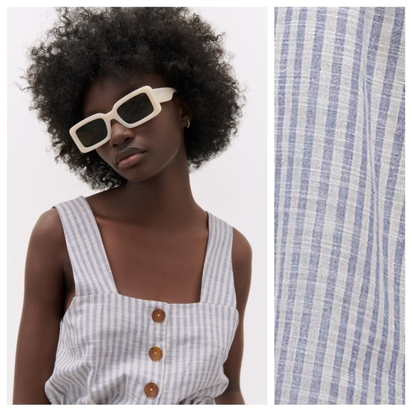 Zara Blue/Cream Linen Blend Striped Jumpsuit. Size M. - Picture 3 of 11